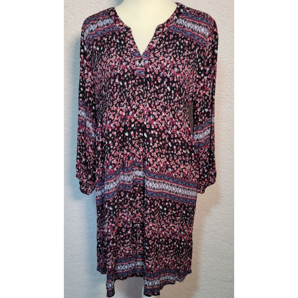 Knox Rose Floral V-Neck Dress Size L Women's 3/4 Sleeve Knee Length Peasant 1935
